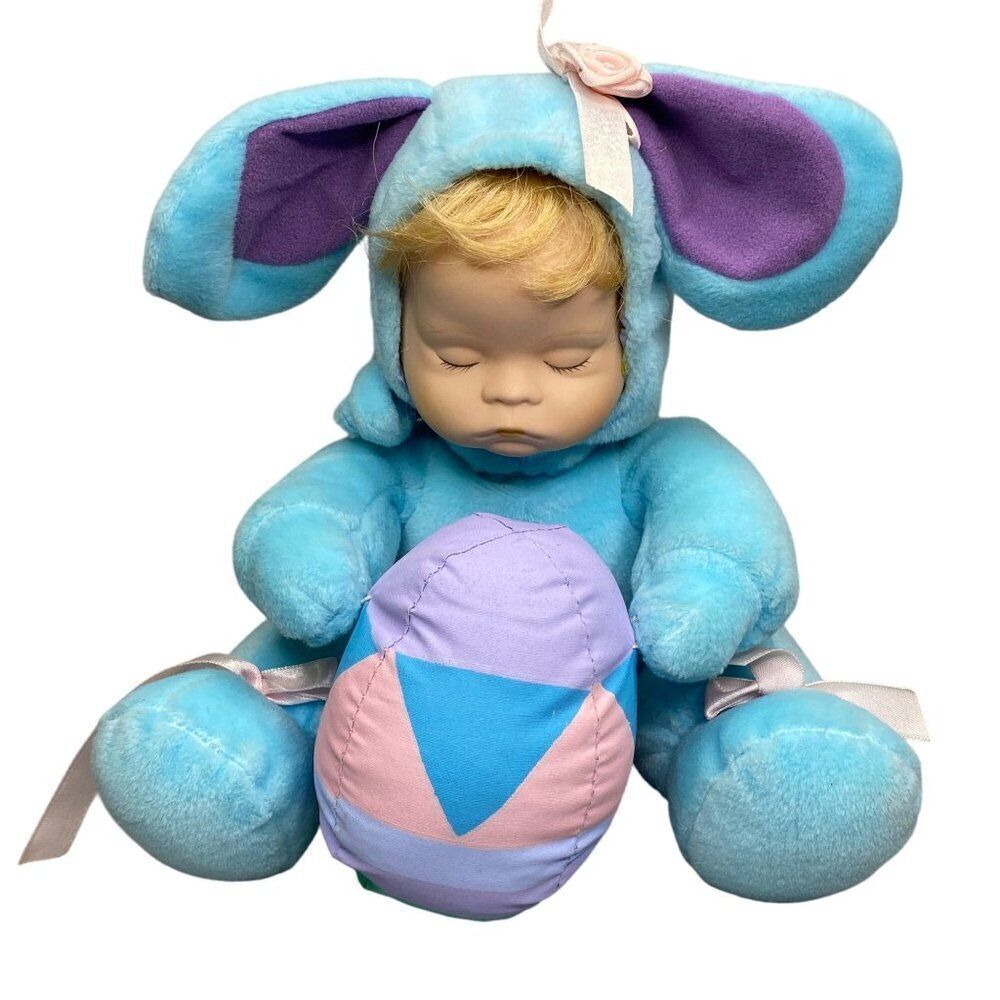Easter Parade Bunny Plush Doll Porcelain Face Wind Up Musical Blue Moving Head